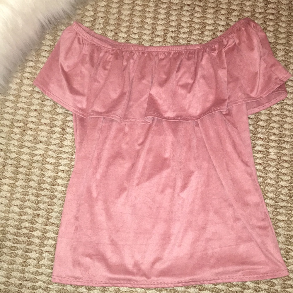 Ruffle suede dusty rose off the shoulder top